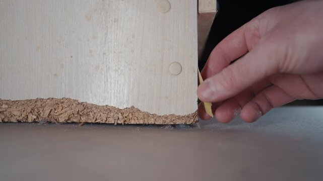 Furniture Repair Close-Up: Hand Holding Peeled Veneer Edge on Damaged Chipboard Cabinet | Water Damage Swollen Particle Board Furniture | Carpenter Restoration Ground Level Shot