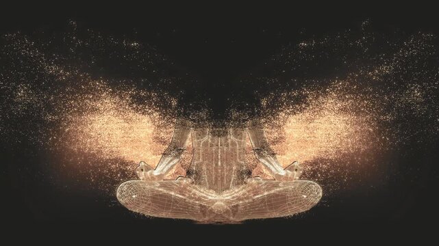 Tranquil animation of a spiritual being meditating, radiating energy before softly dissolving into dust particles. Ideal for meditation, spirituality, and mystical themes.