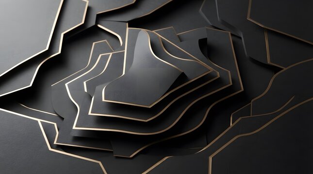 Abstract dark background with layered geometric shapes and glowing edges creating a modern futuristic 3d topographical map effect