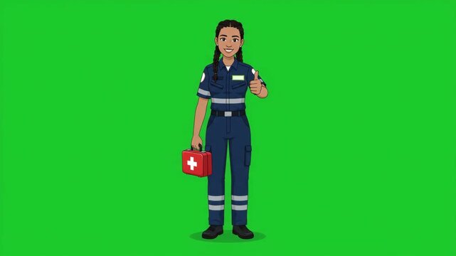 Female paramedic with first aid kit giving thumbs up on green screen background.