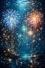 Fototapeta premium Fantasy underwater glowing fireworks explosion with bioluminescent plankton and sparkling light particles in deep ocean, magical undersea party concept