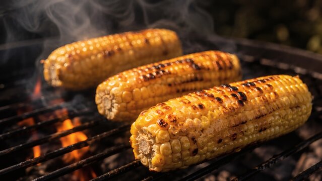 Grilled Corn on the Cob: Three ears of fresh corn sizzle and char on a hot barbecue grill, releasing fragrant steam, promising a delicious summer treat.