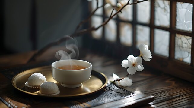 Traditional Hanok interior with hot tea, sweet treats and copy space