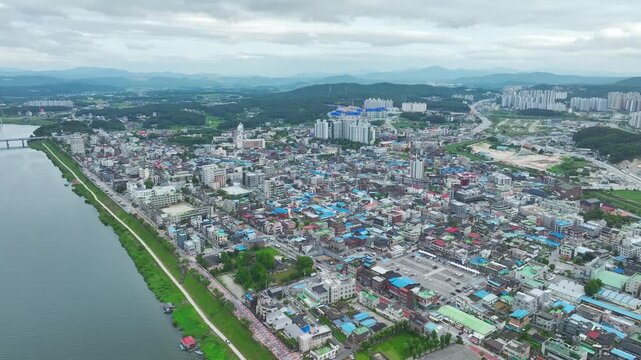 Aerial Drone View of Han River Waterfront and Cityscape in Yeoju, Gyeonggi-do, South Korea