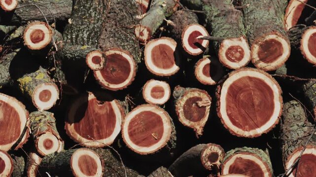 Close up video of a stack of freshly cut firewood logs, revealing their dark red cross-sections and textured bark.