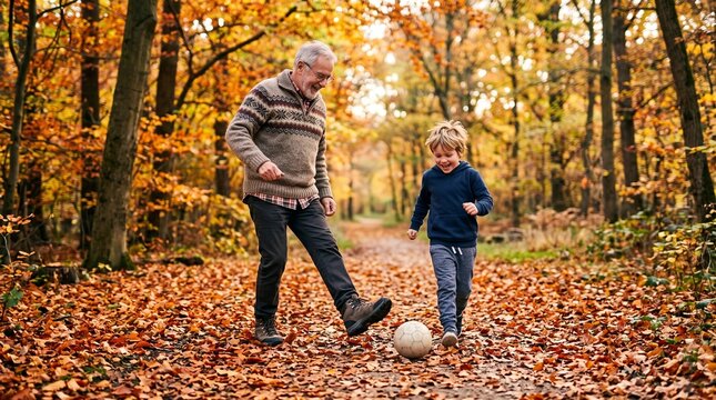 Senior Man Kicking Football Ball with His Laughing Grandson on Path Covered with Autumn Leaves