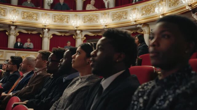 A group of students seated in a theater, attentively listening.