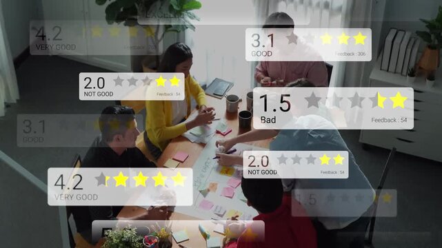 Team Meeting with Feedback Ratings and Star Reviews, Collaborators Analyzing Performance, Office Setting, Diverse Group, Professional Environment Gluon.