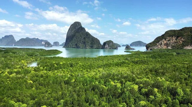 Aerial view of lush green mangrove forests and limestone mountains in phang nga bay thailand.
