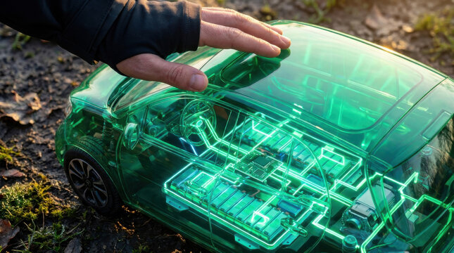 Hand above a transparent green electric car revealing glowing battery modules and circuitry on mossy ground at sunset
