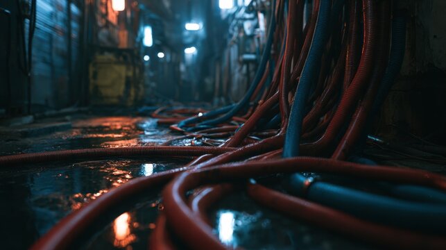 Industrial Chaos: Tangled red and blue cables snake across a damp, gritty floor in a dimly lit industrial corridor, hinting at hidden complexity and perhaps impending disaster.