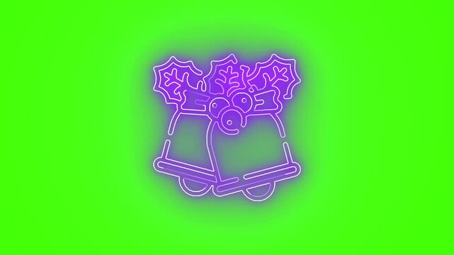 Neon purple jingle bells icon animation on green screen, chroma key glowing outline seamless loop for holiday compositing, overlays, promos and motion graphics