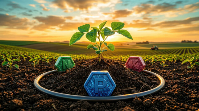 Soybean seedling in a plowed field at sunset framed by hexagonal nitrogen, phosphorus and potassium fertilizer markers