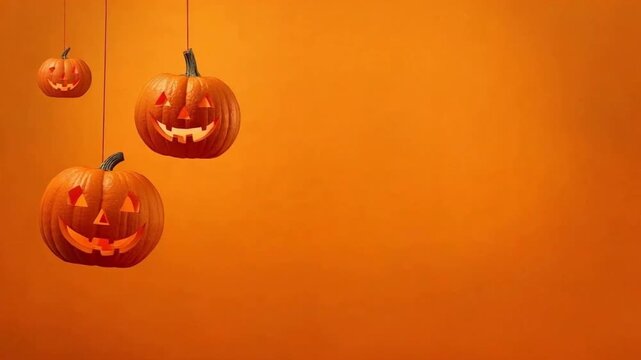 Scary Hanging Jack-O'-Lantern Pumpkins on Warm Orange Halloween Background with Copy Space
