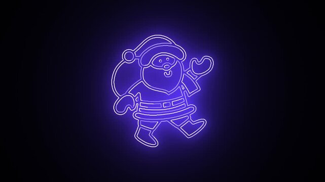 Neon Santa waving icon animation on black background, glowing purple Christmas outline sign seamless loop for holiday promos, greeting videos, intros and motion graphics