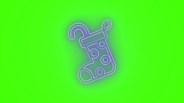 Neon Christmas stocking icon animation on green screen, chroma key purple outline seamless loop for compositing, holiday promos, overlays and motion graphics