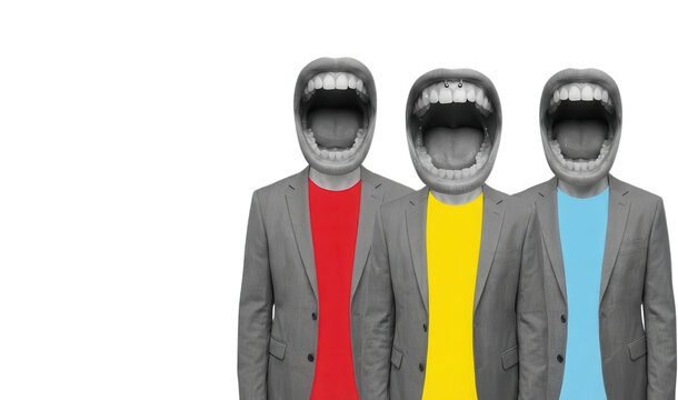 Three figures in grey suits and colorful shirts have open mouths instead of heads with one mouth featuring piercings 177 surreal concept abstract bizarre unusual humor absurdity