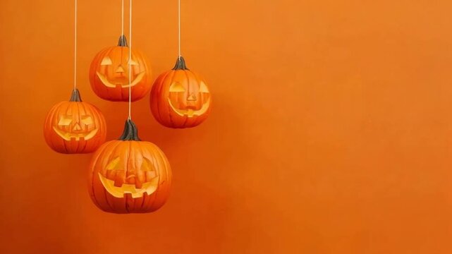 Scary Hanging Jack-O'-Lantern Pumpkins on Warm Orange Halloween Background with Copy Space