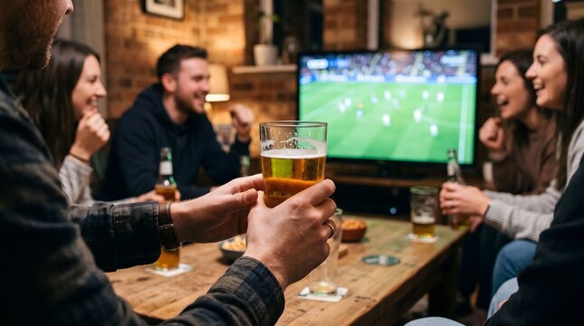 Friends watching football game on TV and drinking beer at home
