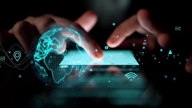 This image showcases a hand interacting with a digital interface featuring a world map. It highlights themes of technology, connectivity, and innovation. Xenic
