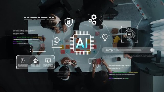 Collaborative Meeting Focused on Artificial Intelligence with Visual Elements Representing Technology and Innovation Overhead View Gluon.