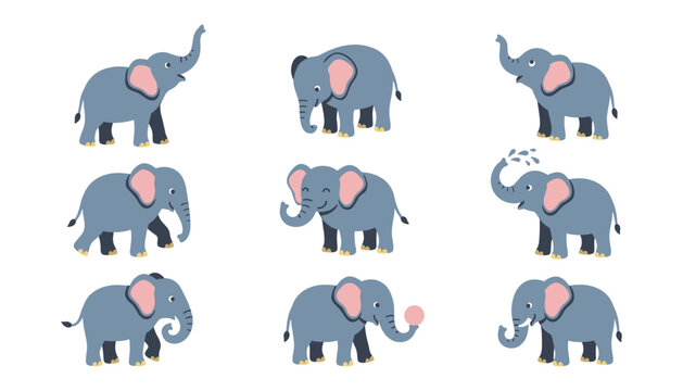 Cute cartoon elephant character set with various poses spraying water playing ball isolated on white background vecto