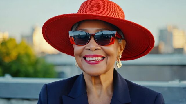 Happy senior lady with a vibrant red hat and matching sunglasses, smiling brightly.