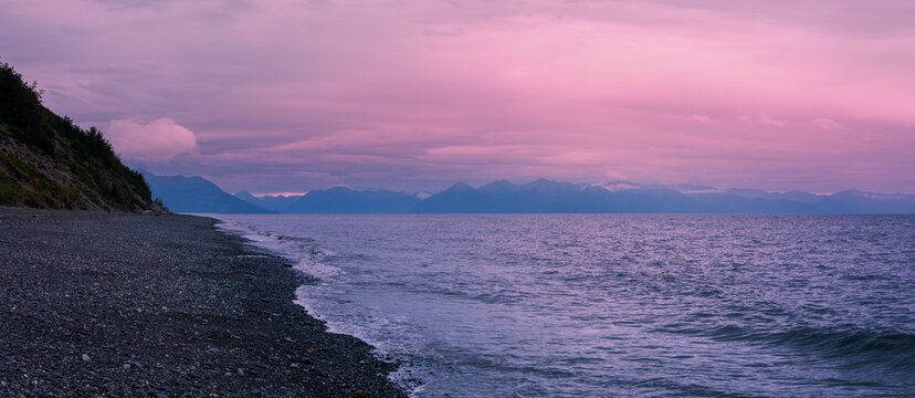 Alaska summer Tony Knowles Coastal Trail sunset landscape at Kincaid Beach of Cook Inlet in Anchorage