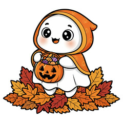 Obraz premium Cute Halloween Ghost and Pumpkin Basket: A charming cartoon ghost in an orange hooded cloak sits on a pile of autumn leaves, holding a Jack-o'-lantern candy bucket overflowing with treats.
