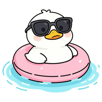 Chill Duck in Sunglasses Floats: A cute white duck wearing black sunglasses enjoys a relaxing swim while floating on a pink inflatable ring in blue water.