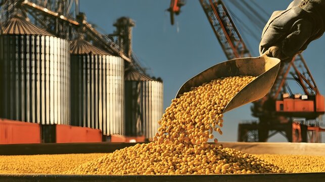 A gloved hand uses a scoop to pour freshly harvested soybeans into a container, with large grain silos and a port crane in the background.