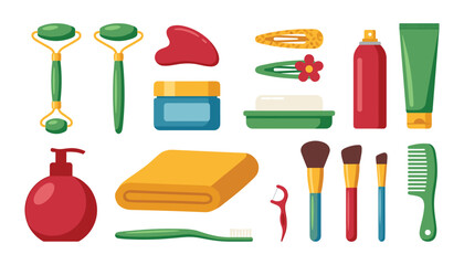 Beauty self care accessories vector collection with massage jade roller gua sha face cream cosmetic brushes lotion isolated flat illustrations set © Monzurul