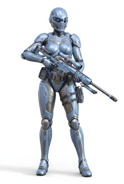 Female Sci-Fi Cyborg Soldier in Blue Armor Holding Rifle