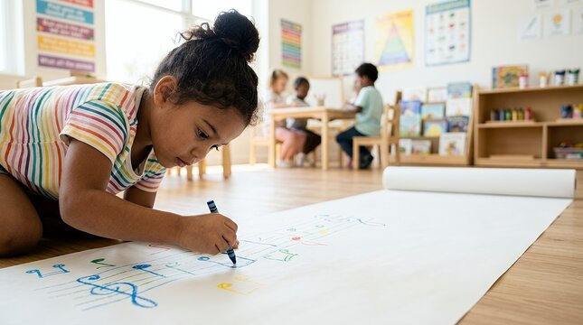 A young girl drawing musical notes on a large paper roll in a classroom.