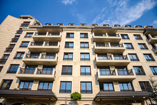Sofia, Bulgaria - 18 AUGUST 2026: Residential and office buildings in a newly built neighborhood in Sofia, Bulgaria