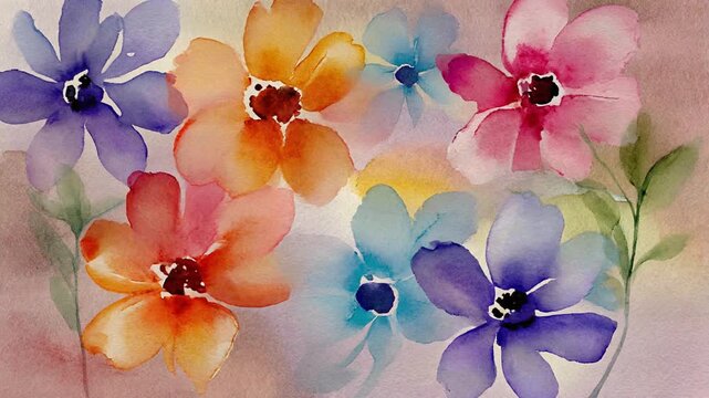 Vibrant Watercolor Flowers Painting, Soft Pastel Colors, Blooming Nature Art