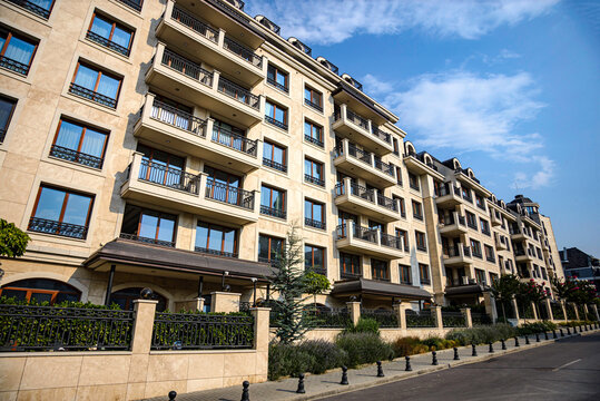 Sofia, Bulgaria - 18 AUGUST 2026: Residential and office buildings in a newly built neighborhood in Sofia, Bulgaria