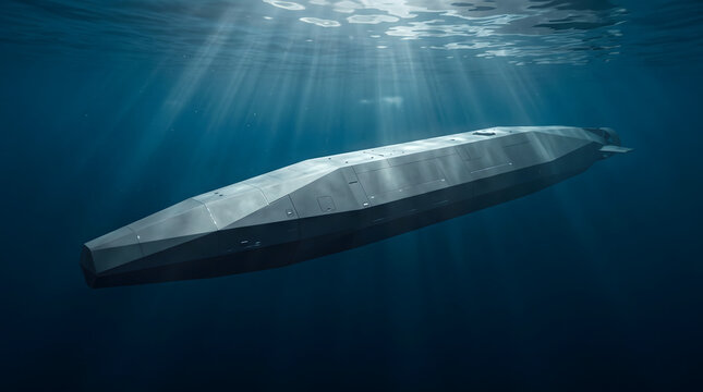 Futuristic stealth submarine cruising underwater in deep blue ocean