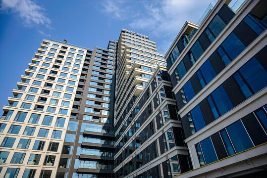 Sofia, Bulgaria - 18 AUGUST 2026: Residential and office buildings in a newly built neighborhood in Sofia, Bulgaria