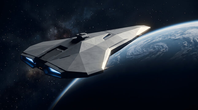 Futuristic sci-fi spaceship orbiting planet Earth in outer space