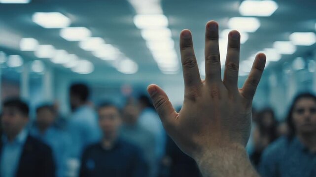 An elevated perspective of a man raising his hand in the foreground, surrounded by a crowd of people standing in an open indoor area.