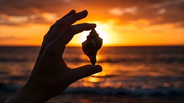 Hand holding a seashell against a glowing sunset over the ocean