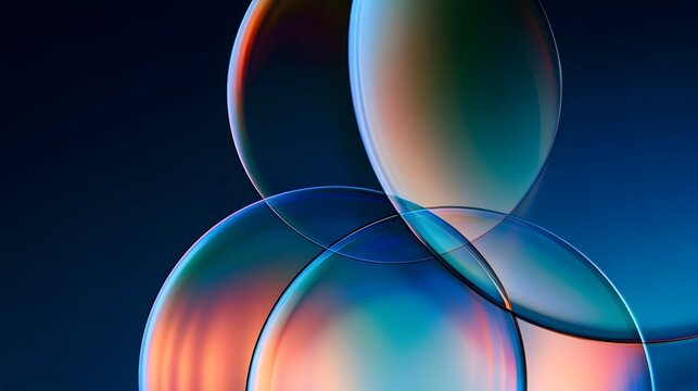 Precise iridescent discs glass plates on a dark blue background