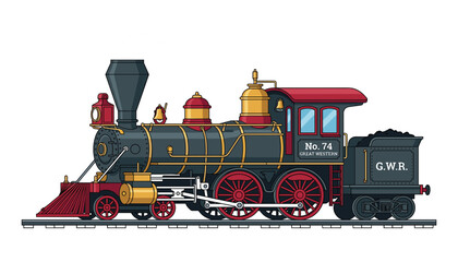 Vintage wild west steam locomotive train vector illustration with red wheels on tracks isolated on white background © Monzurul