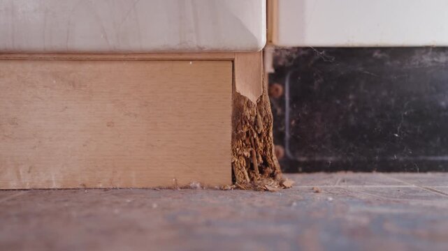 Damaged Kitchen Cabinet Base: Slider Pan Across Swollen Chipboard Panel Near Stove | Water Damaged MDF Furniture Close-Up | Moisture Rot Kitchen Interior Detail Shot