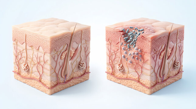 Healthy Skin vs Localized Skin Infection, 3D Medical Anatomy Comparison