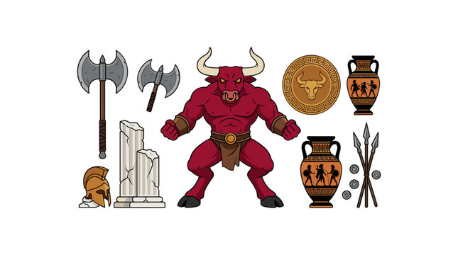 Greek mythology minotaur character vector set featuring red bull monster labrys battle axe ancient cretan pottery shield spears and pillars