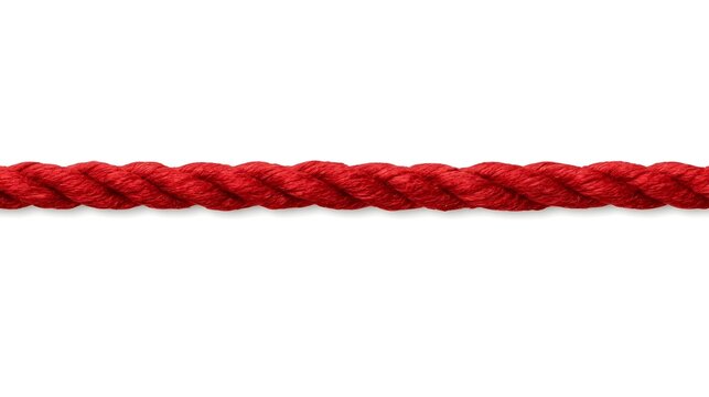 Single straight red cotton rope line stretched horizontally isolated on white background background for web design.