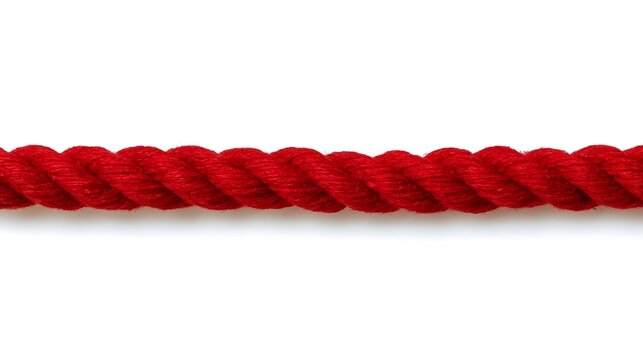 Single straight red cotton rope line stretched horizontally isolated on white background background for web design.