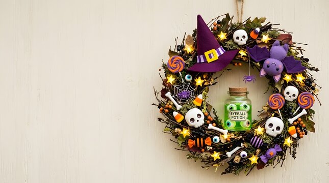 A festive and spooky Halloween wreath hanging on a neutral white wall, decorated with a purple witch hat, a glowing green potion bottle, ornaments, and creepy details.